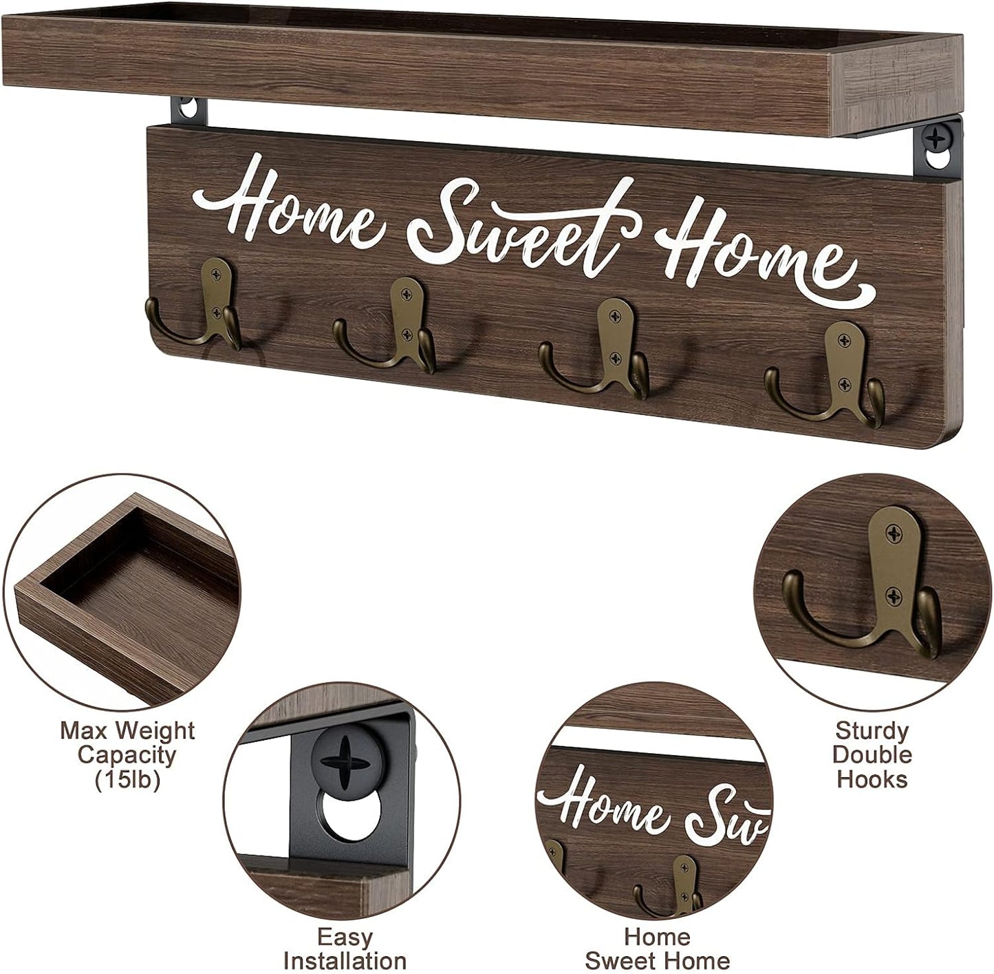 buways Key Holder Wall Mount with 8 Hooks and Cozy Home Sign (Gray) | Solid Wood, Floating Shelf for Keys, Mail, and Daily Essentials in Entryways, Hallways or Home Decor