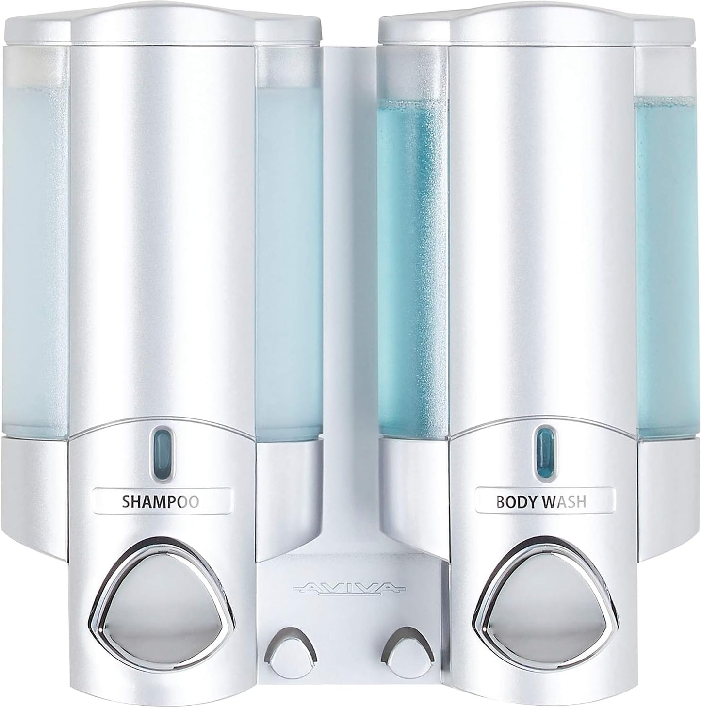 Better Living Aviva Wall Mount Shower Dispenser, 3 x 11 oz, Satin Silver | 3 Chamber, Shower Dispenser for Bathroom, Built-in Hooks, No Drill, Waterproof Dispenser Pump