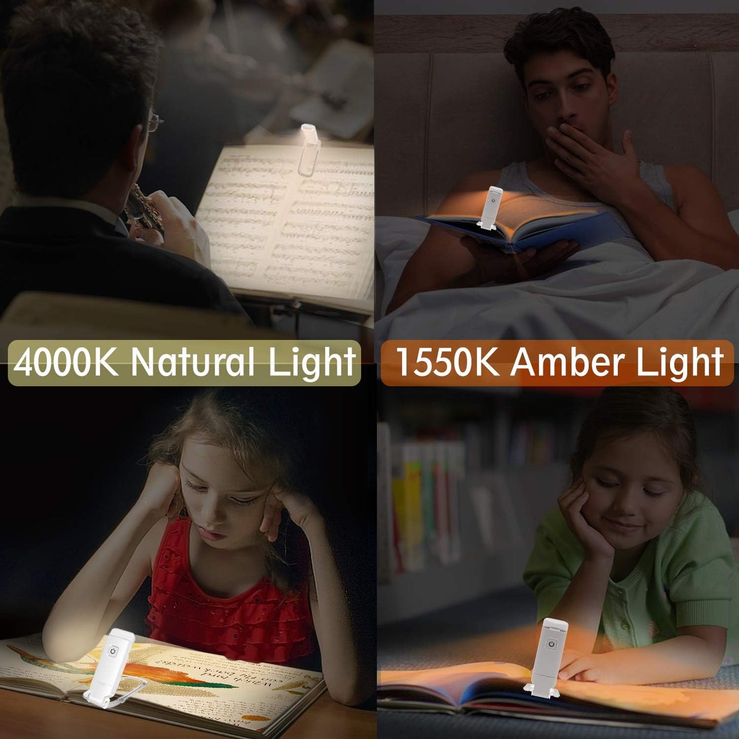 BIGLIGHT Amber Book Reading Light, LED Clip on Book Lights, Reading Lights for Books in Bed, Small Book Light for Kids, USB Rechargeable, 2 Brightness Adjustable for Eye Protection, Orange