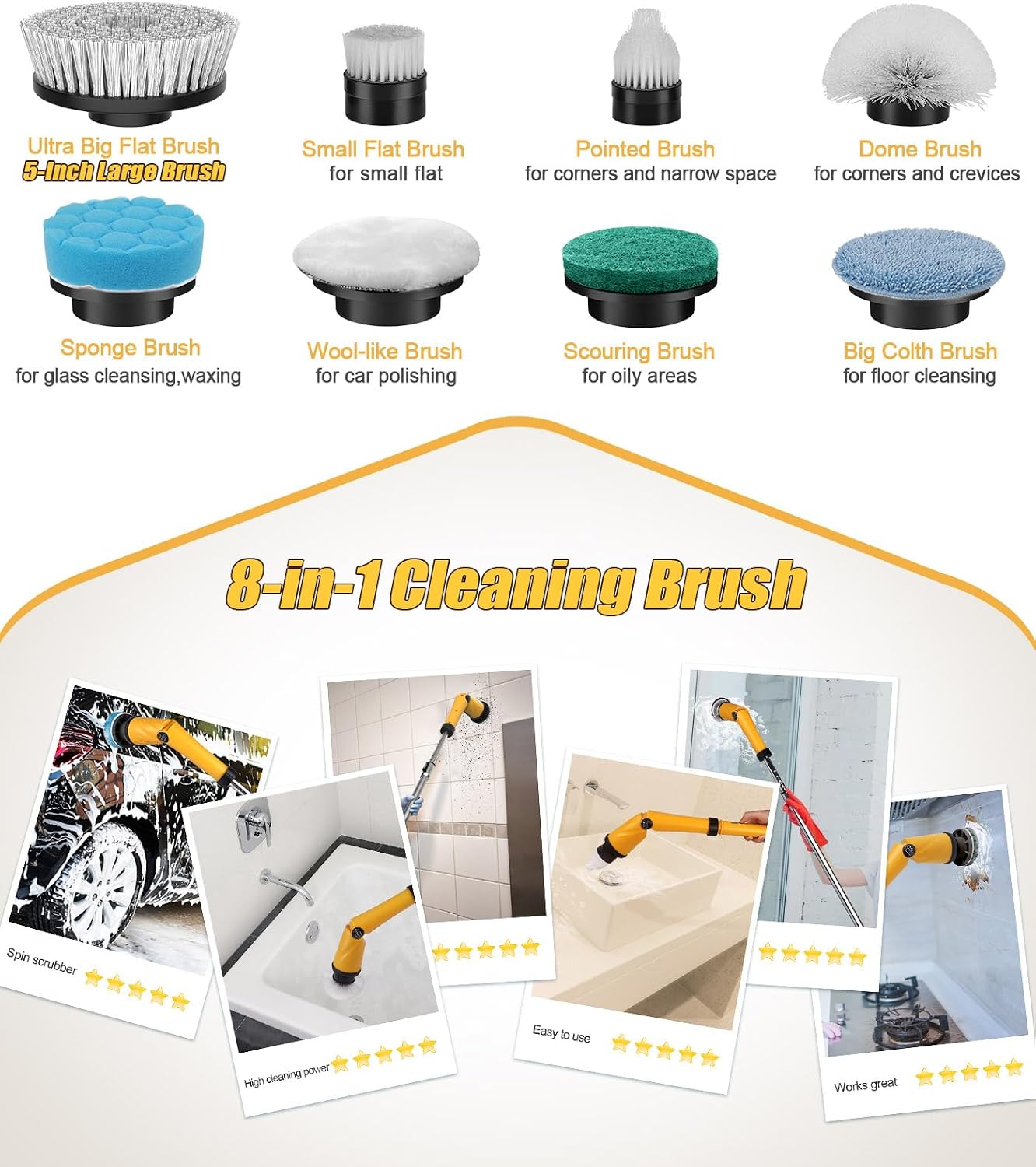 Qimedo Electric Spin Scrubber Q3, 6000mAh, Extra-Large Brush Head, 1200RPM | Floor Scrubber Machine with Long Handle, Cordless Cleaning Brush, 8 Brush Heads and Smart Display for Showers, Tubs and Tile