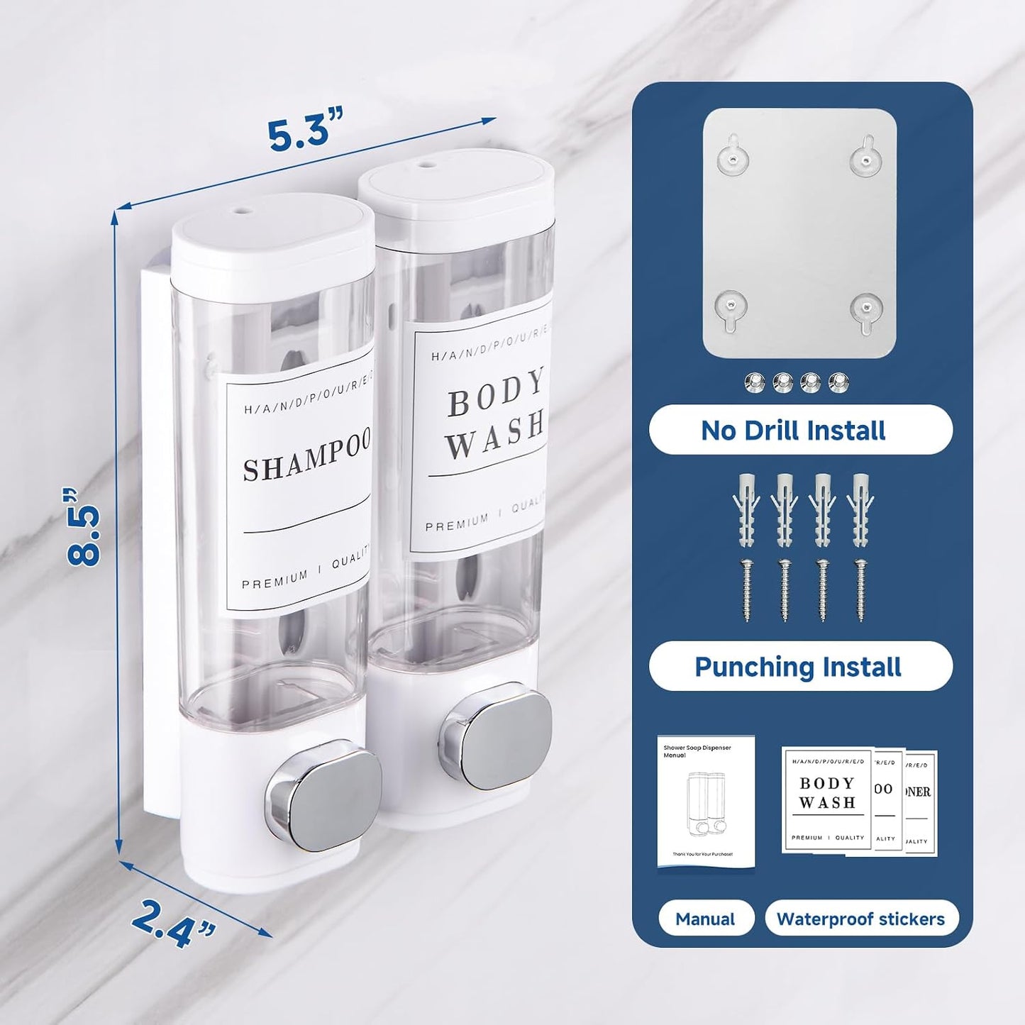 Cabo Deseado Shower Soap Dispenser Wall Mounted No Drill Shampoo Dispenser for Shower Wall Shampoo and Conditioner Dispenser Bathroom Hotel 3 * 350ml Gungray with Labels