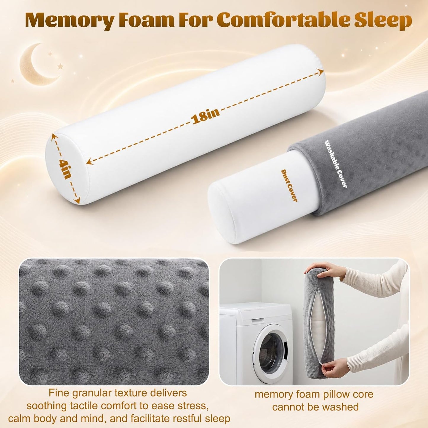 2 Pcs Cylindrical Cervical Neck Pillow for Pain Relief, Memory Foam 18" x 4" Round Pillow with Removable Washable Cover, Cylinder Bolster for Cervical Support, Sleeping, Travel, Home, Office