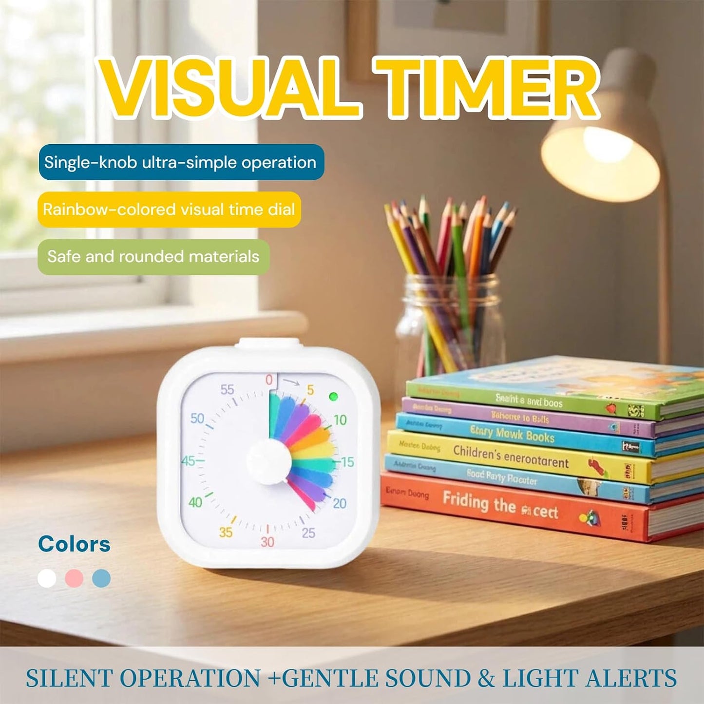 Visual Timer with Rainbow Pattern, 60-Minute Countdown Timer for Kids and Adults, Silent Pomodoro Timer for Classroom, Kitchen, Office & Teaching, Time Management Tool (White)