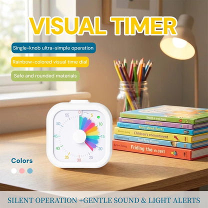 Visual Timer with Rainbow Pattern, 60-Minute Countdown Timer for Kids and Adults, Silent Pomodoro Timer for Classroom, Kitchen, Office & Teaching, Time Management Tool (White)