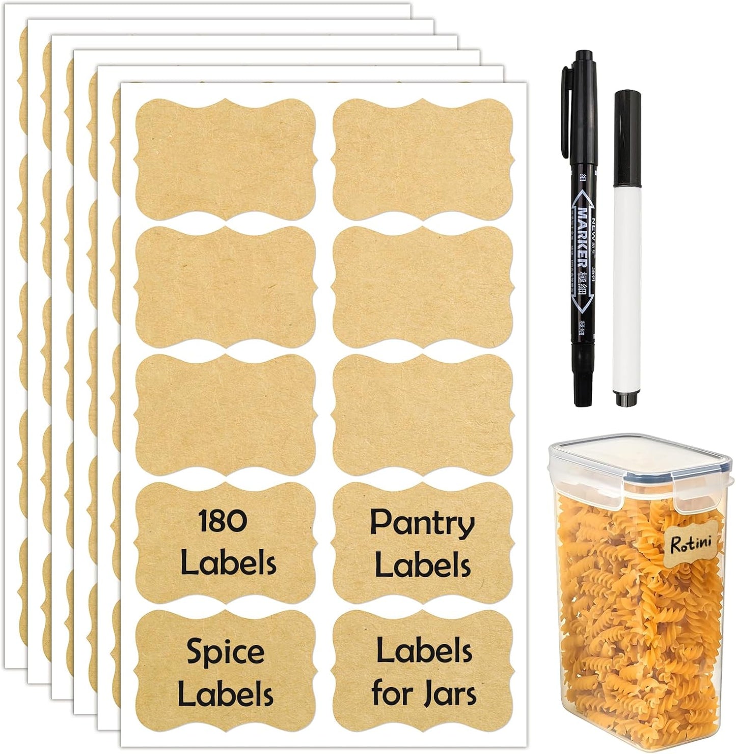 JIEHENG 180Pcs Labels for Jars,Black Wavy Stickers with 1 Chalk Markers | Black,Shape of Wavy,Reusable,Removable Labels for Storage Bins