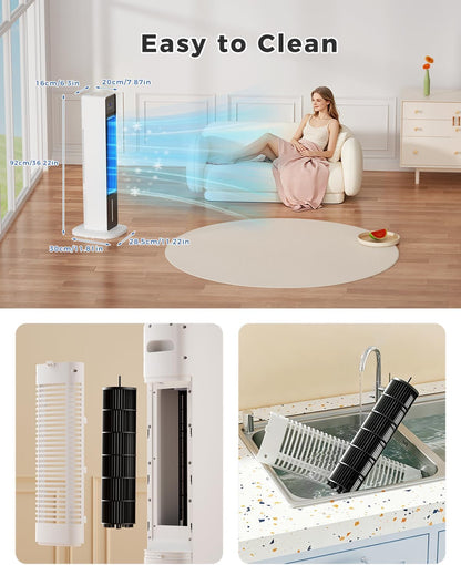 Evaporative Air Cooler, 3-in-1 Portable AC Tower Fan Air Conditioner with 4 Modes & 3 Speeds, 24H Timer, Remote 60°Oscillating Tower Fan, Quiet Swamp Cooler, Tower AC for Bedroom Office, 36inch, Black