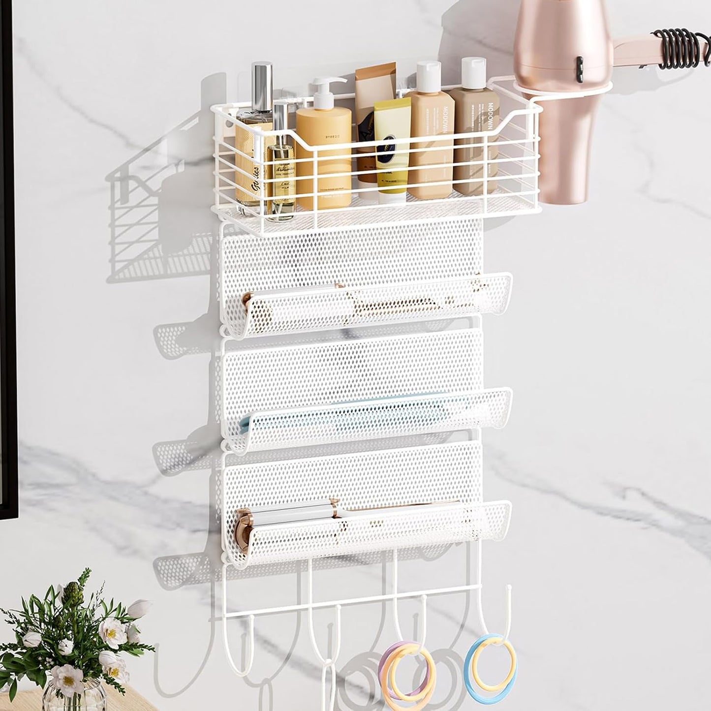 3 Tier Hair Tool Organizer Wall Mount, curling iron holder Basket, Black | Metal Mesh, Hair Dryer Holder, Bathroom Hair Styling Tool Organizer, Blow Dryer Holder, Hair Straightener Organizer