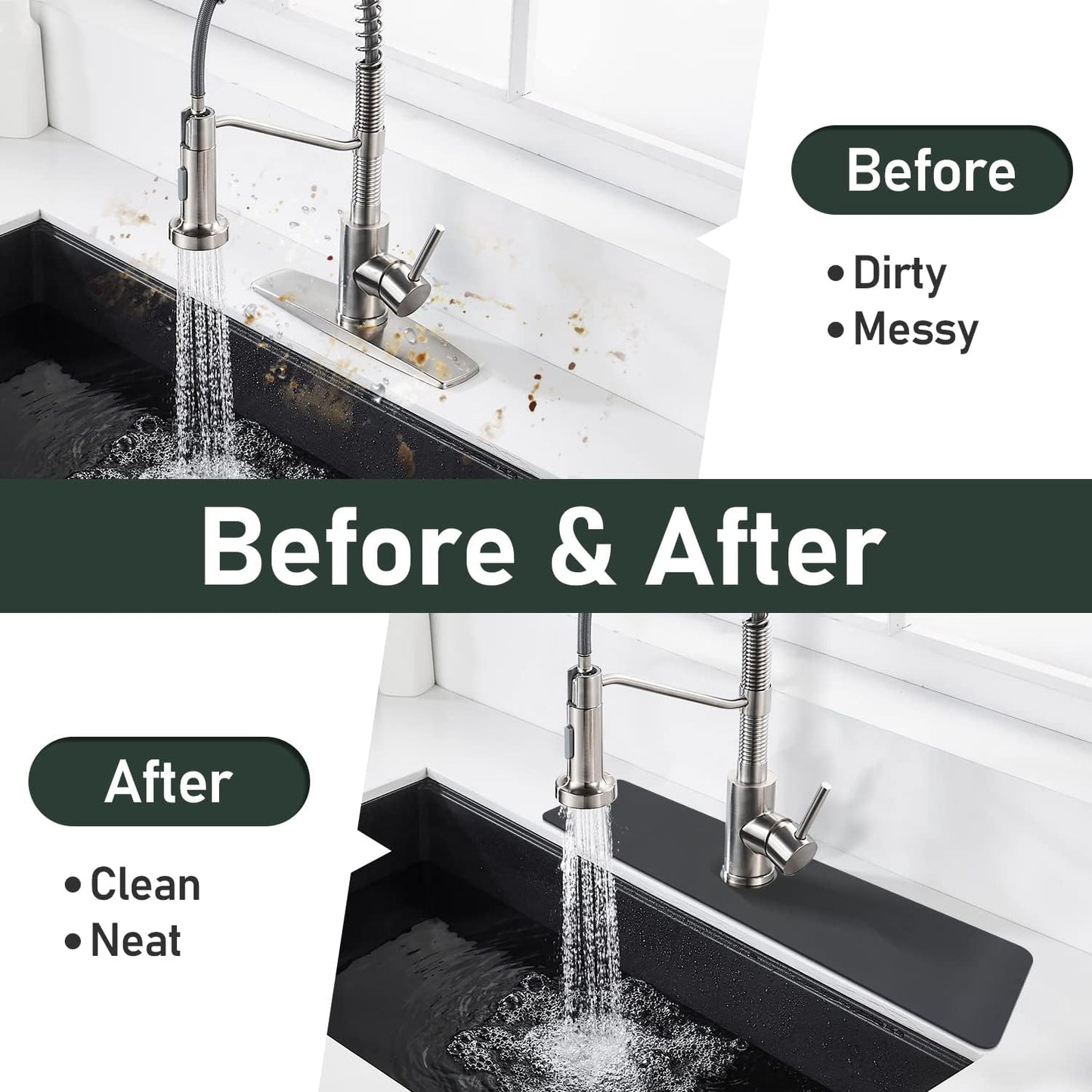 LOPNUR Cuttable Faucet Mat for Kitchen Sink, Extra Long 29 Inch, Black | Super Absorbent & Fast Dry Diatomite Sink Splash Guard, 0.8-2.4 Inch Adjustable Faucet Hole, Cut to Fit Bathroom & RV Sinks