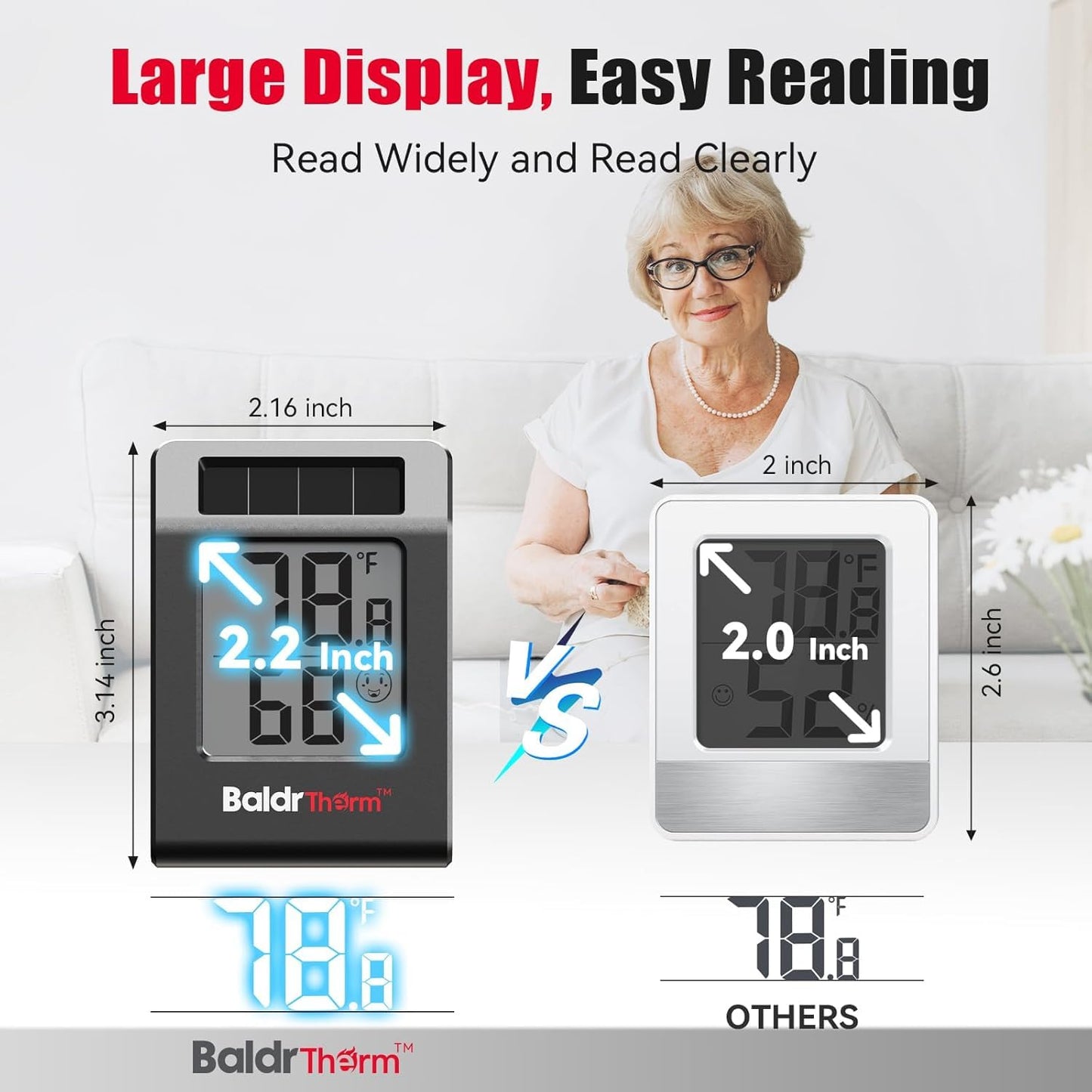 2.2'' Digital Thermometer and Hygrometer Meter, Solar-Powered Indoor Temperature Sensor Humidity Monitor, Humidity Gauge for Baby Rooms, Bedrooms, Home, Office, and Wine Cellars, White, 2Pack