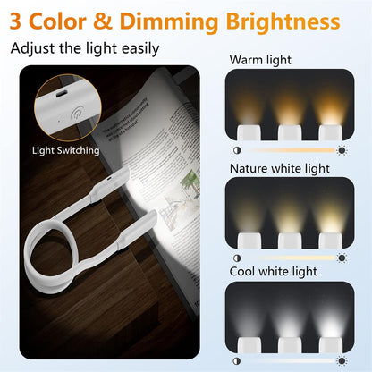 Book Light LED Neck Reading Light,Bendable Rechargeable Book Light for Reading in Bed,Eye Friendly - 3 Colors & 3 Brightness Levels Perfect for Bookworms Kids Crafts Knitting Travel (White)