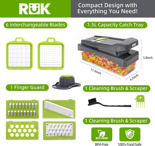 RüK 10-in-1 Vegetable Chopper – 6 Blade Veggie Chopper with Container, Food Dicer, Onion Cutter, Cheese Grater, Mandoline Slicer, Kitchen Gadgets & Home Essentials (Green)