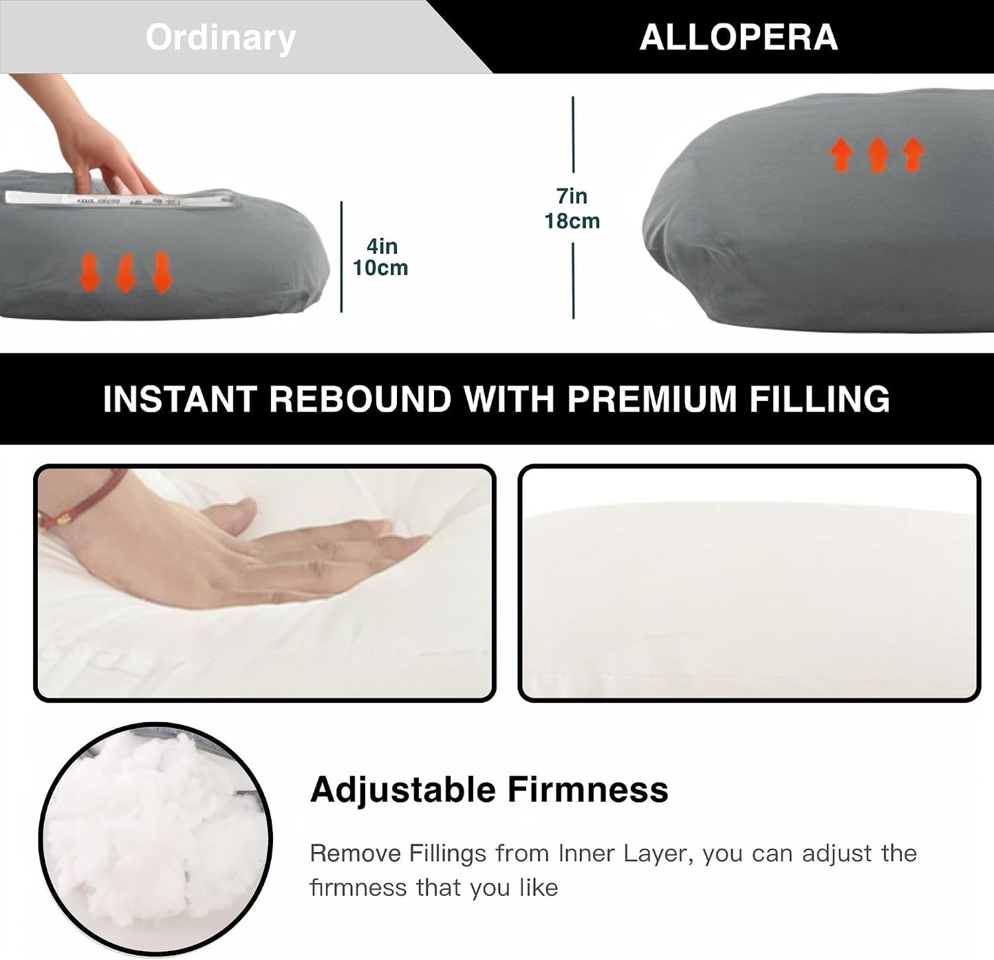 ALLOPERA Pregnancy Pillows for Sleeping, 57-Inch U-Shaped Full Body Maternity Pillow with Adjustable Fill and Removable Washable Cover, Back, Belly, Hip and Leg Support for Pregnant Women, Black Grey