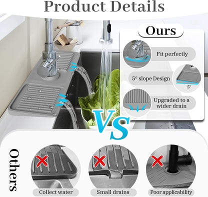 PoYang 23.6 Inch Silicone Sink Splash Guard, Kitchen Sink Mat, Light Grey | Faucet Mat with Wide Drainage & Cuttable Hole, Keeps Faucet Base Dry, Long & Short Sink Protectors for Kitchen, Bathroom & RV