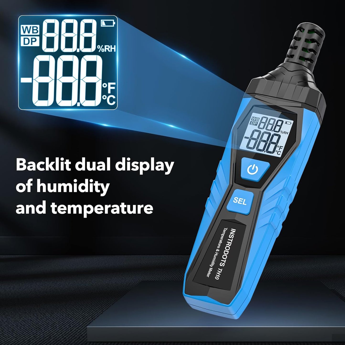 Temperature Humidity Meter, High Precision Thermometer Hygrometer with Ambient, Dew Point, Wet Bulb Thermometer, Dual Display Temperature & Humidity with LCD Backlight, TH10