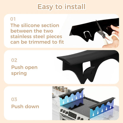 Silicone Stove Gap Covers with Stainless Steel, Oven Gap Filler Seals Gaps Between Stovetop and Counter, Stove Gap Guards Range Trim Kit, Easy to Clean Stove Gap Guard (Black 2 Pack,25")