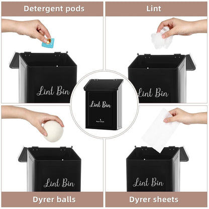 SUBEKYU Magnetic Lint Bin for Laundry Room Organization and Storage,White | Wall Mounted Metal Lint Box Holder Trash Can with Lid for Dryer,Lint Basket for Laundry Room Decor