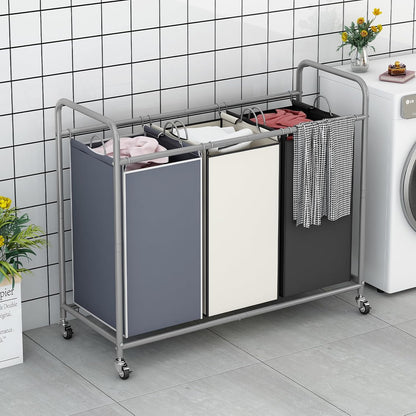LINZINAR 3 Section Laundry Hamper, Black Laundry Basket 135L Laundry Sorter | Laundry Room Organization with Heavy Duty Rolling Lockable Wheels and Removable Bag, Bedroom Laundry Cart for Clothes Storage