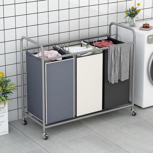 LINZINAR 3 Section Laundry Hamper, Black Laundry Basket 135L Laundry Sorter | Laundry Room Organization with Heavy Duty Rolling Lockable Wheels and Removable Bag, Bedroom Laundry Cart for Clothes Storage