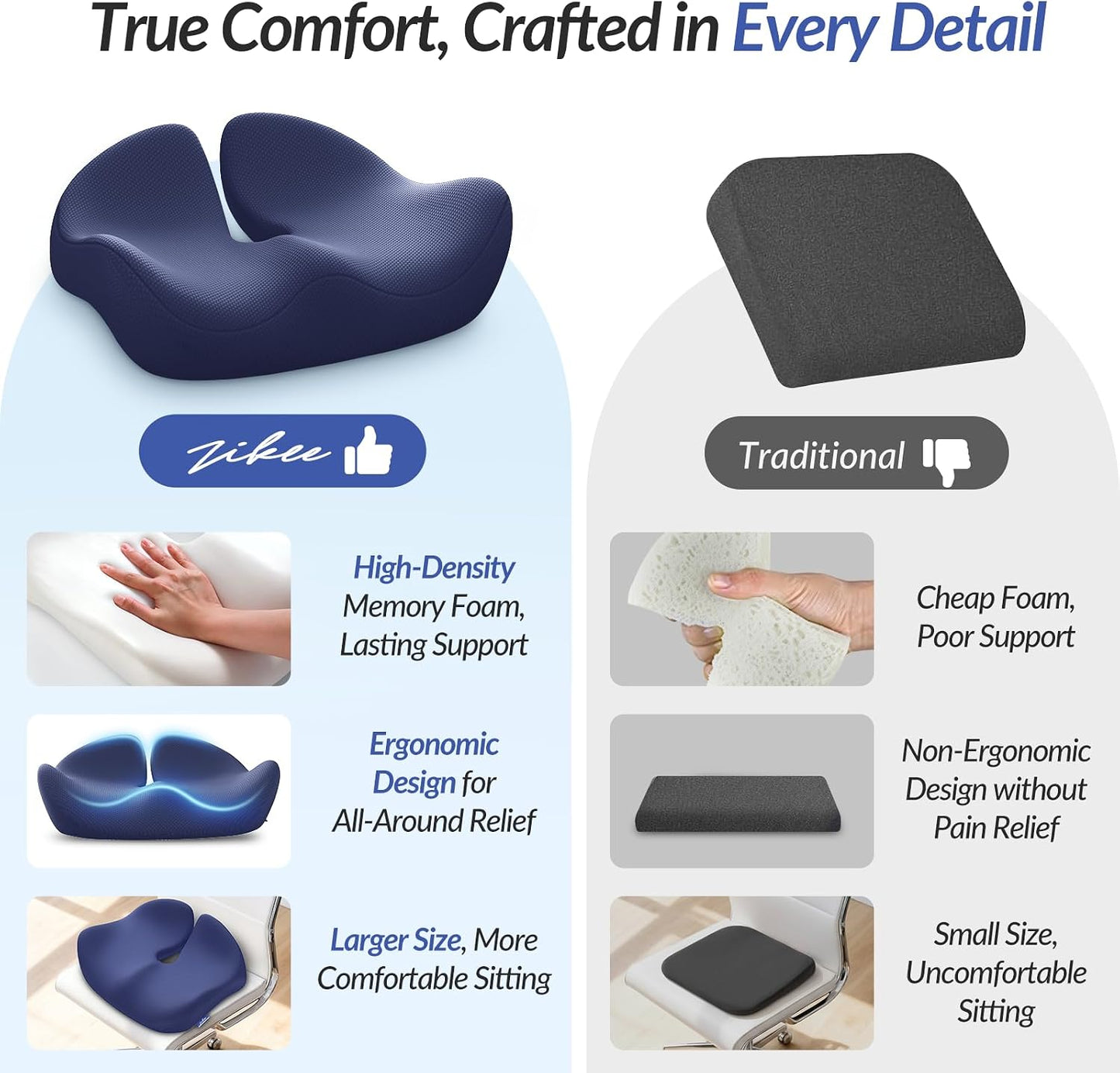 ZIKEE Contoured Ergonomic Seat Cushion for Effective Pain Relief, Non-Slip | Office Chair Cushion for Sciatica, Back, Tailbone Pain Relief, High-Density Memory Foam Car Seat Cushion for Sitting Comfort