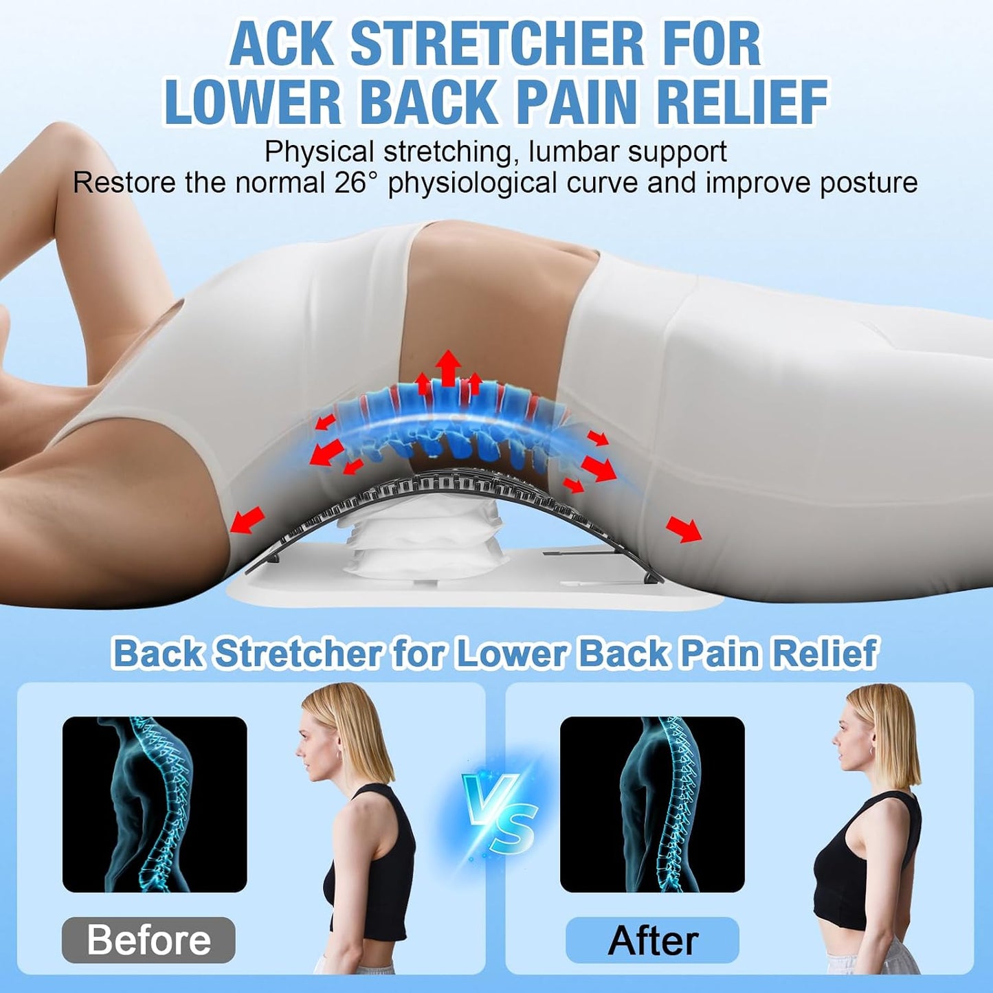 Back Stretcher for Lower Back, Pneumatic Adjustable Lumbar Support Board with 10 Magnets and 90 Massage Points, Daily Back Stretching Device for Home, Office, Yoga and Travel