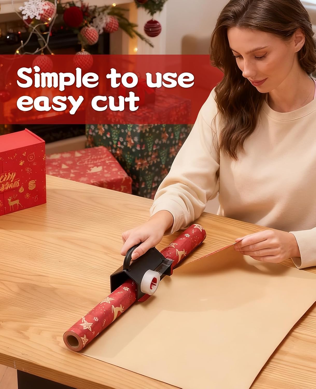 2 Pack Wrapping Paper Cutter & Tape Dispenser Dual Use, Gift Wrap Cutter Tool for Rolls Paper with 4 Tapes & 2 Replace Blades Kit for Christmas Birthday, Easy Cut for Present Wrapping