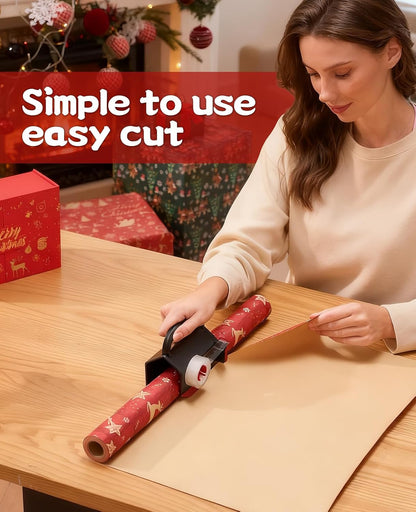 2 Pack Wrapping Paper Cutter & Tape Dispenser Dual Use, Gift Wrap Cutter Tool for Rolls Paper with 4 Tapes & 2 Replace Blades Kit for Christmas Birthday, Easy Cut for Present Wrapping