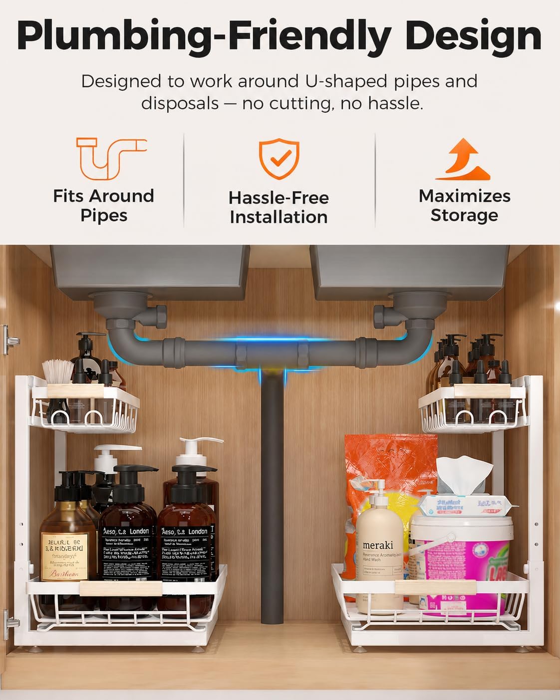 2-Pack 2-Tier Height Adjustable Under Sink Organizer & Storage | Multi-purpose storage for kitchen & bathroom cabinet. Large black shelf, height adjustable design for space-saving.