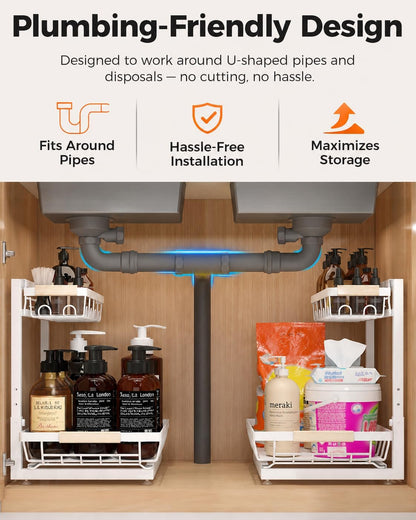 2-Pack 2-Tier Height Adjustable Under Sink Organizer & Storage | Multi-purpose storage for kitchen & bathroom cabinet. Large black shelf, height adjustable design for space-saving.