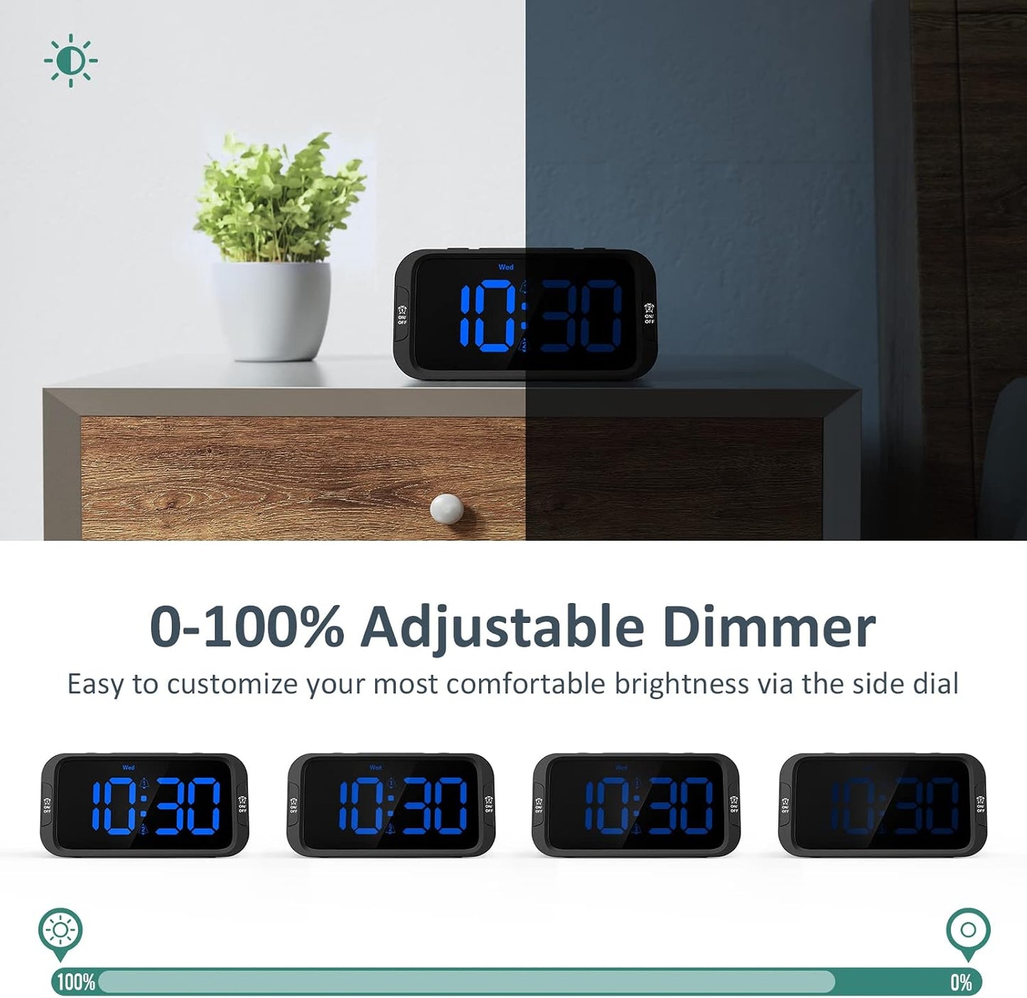 Odokee Digital Dual Alarm Clock for Bedroom with 0-100% Dimmable Display | Easy to Set Alarm Clock with Weekday/Weekend Mode - Loud Alarm for Heavy Sleepers with 5 Sounds Adjustable Volume - Blue