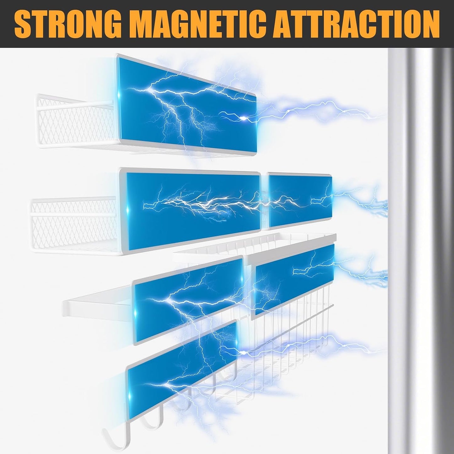 4 Pack Magnetic Shelves for Washing Machine, Heavy-Duty Magnetic Laundry Organizer with Hooks, Washing Machine Shelf for Refrigerator, Metal Storage Baskets, Closet & Laundry Room Organization(Black)
