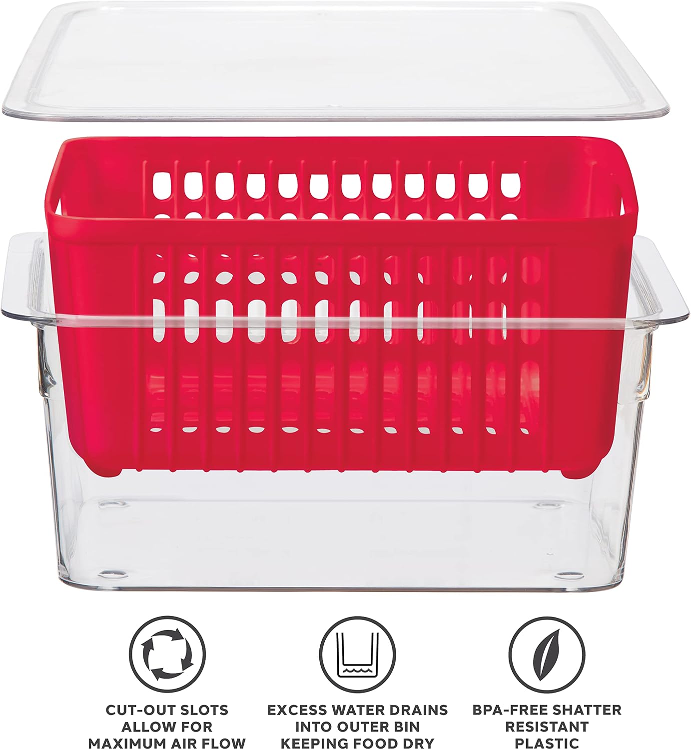 Oggi Berry Container for Fridge - Double Colander Basket - Ideal Berry Containers for Fridge, Includes Berry Colander Insert (8.75" x 6.75" x 3.75"), Red