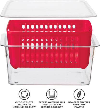 Oggi Berry Container for Fridge - Double Colander Basket - Ideal Berry Containers for Fridge, Includes Berry Colander Insert (8.75" x 6.75" x 3.75"), Red