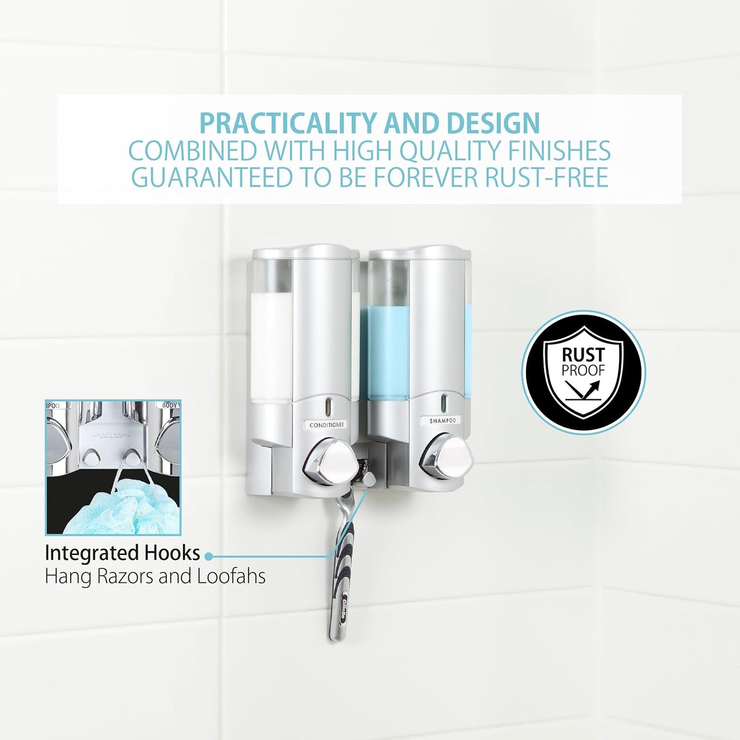 Better Living Aviva Wall Mount Shower Dispenser, 3 x 11 oz, Satin Silver | 3 Chamber, Shower Dispenser for Bathroom, Built-in Hooks, No Drill, Waterproof Dispenser Pump