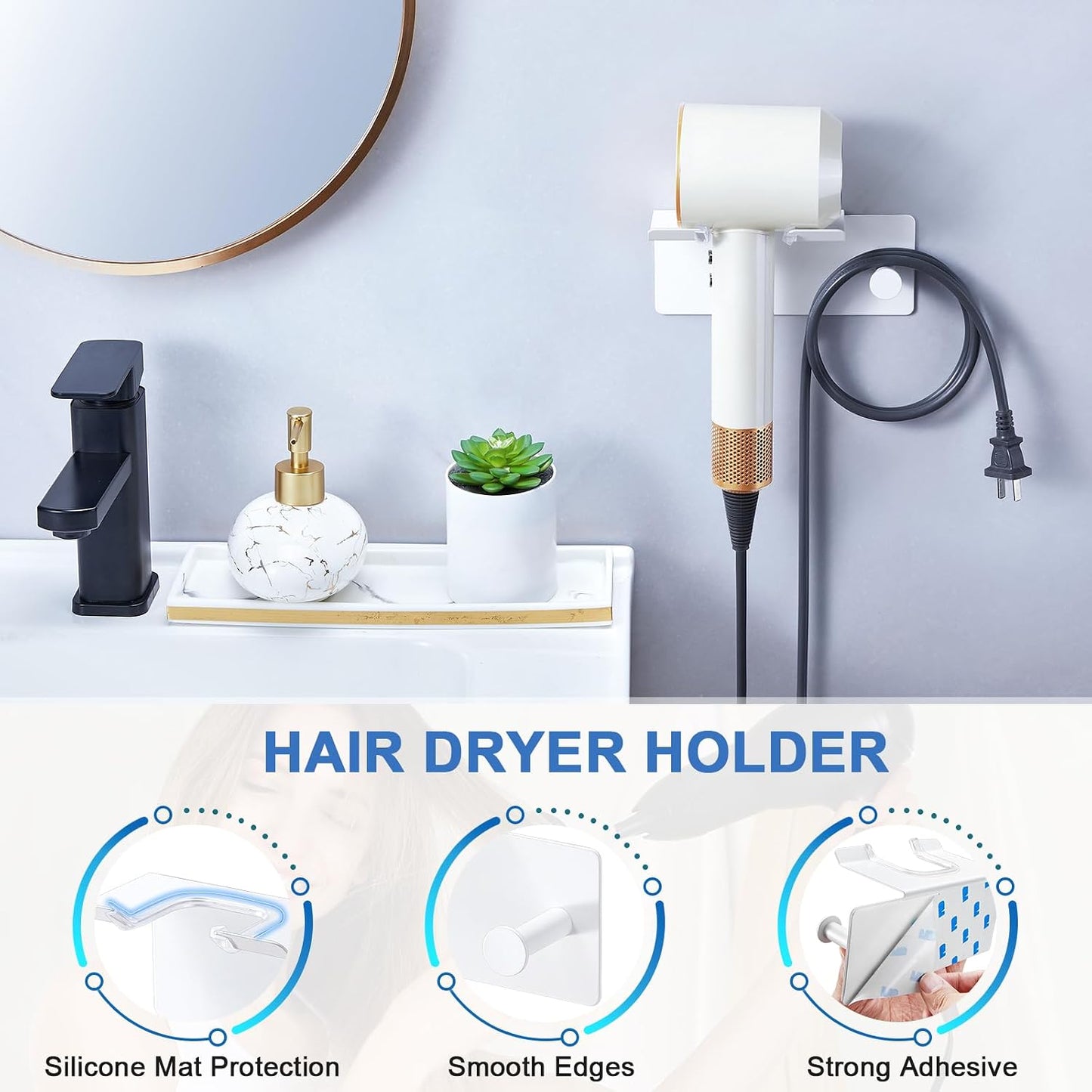 Hair Dryer Holder Wall Mounted, Blow Dryer Holder Adhesive, Metal Hairdryer Holder for Bathroom, Hair Tool Organizer with Plug&Cord for Cabinet Bathroom Bedroom Barber Shops (Rose Gold)