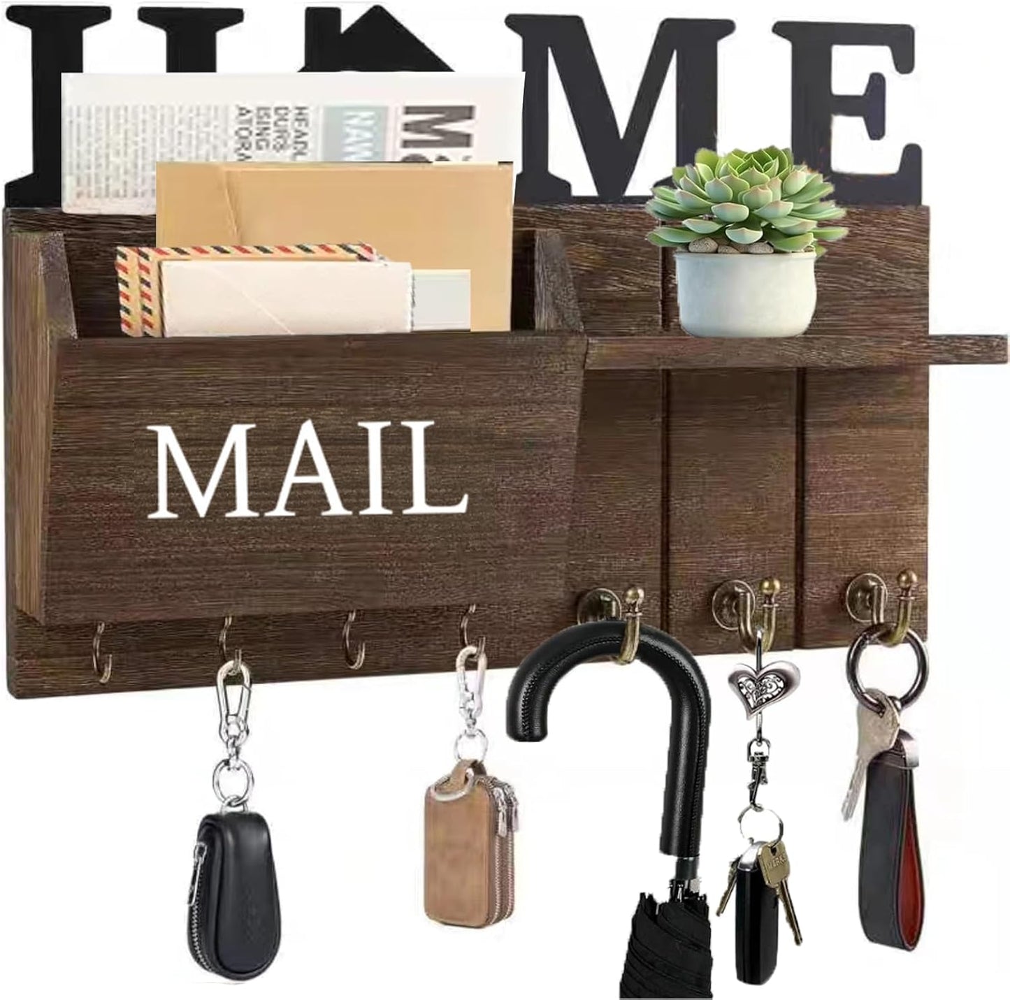 Rustic Wall Key Holder with Shelf & Hooks - Mail Organizer for Entryway | Wooden Key Rack for Keys, Coats, Dog Leash - Brown