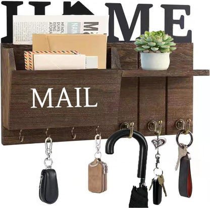 Rustic Wall Key Holder with Shelf & Hooks - Mail Organizer for Entryway | Wooden Key Rack for Keys, Coats, Dog Leash - Brown