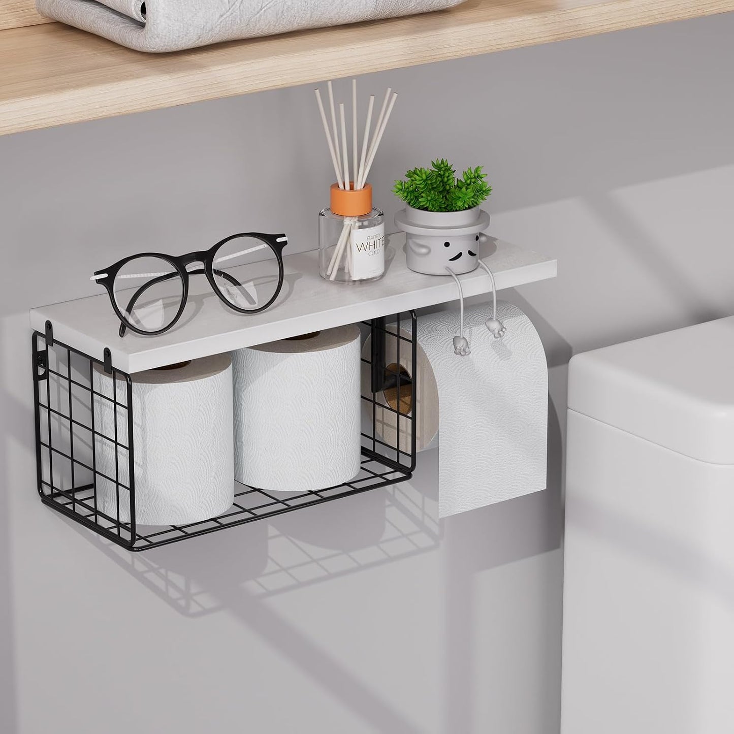 VITVITI Toilet Paper Holder with Shelf, Wall Mounted Storage Basket, Brown | Farmhouse Wall Mount Toilet Paper Holder Shelves, Wood Metal Toilet Roll Wipes Holder for Bathroom