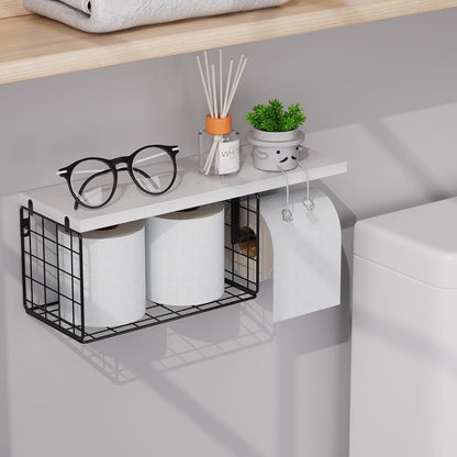 VITVITI Toilet Paper Holder with Shelf, Wall Mounted Storage Basket, Brown | Farmhouse Wall Mount Toilet Paper Holder Shelves, Wood Metal Toilet Roll Wipes Holder for Bathroom