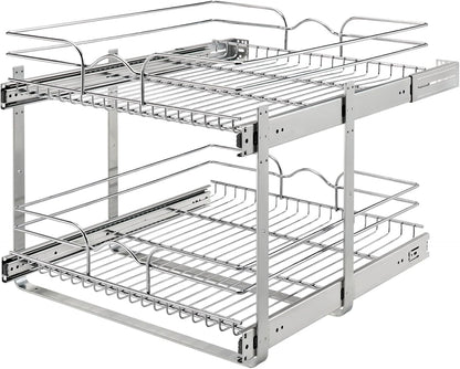 Rev-A-Shelf Pullout Organizer for Cabinets, Min Opening Width of 18" | STwo-Tier Steel Shelf for Kitchen or Vanity Cabinet Organization, Heavy Gauge Wire Slide Out Storage Basket, 5WB2-1822CR-1