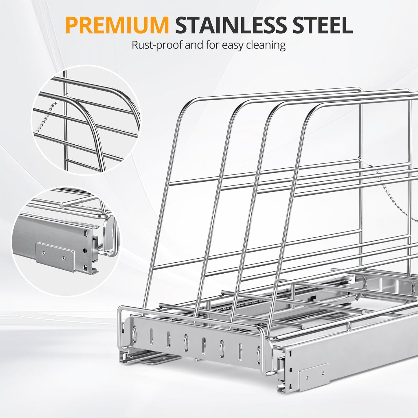 Pull Out Cabinet Organizer for Cutting Board, Cookie Sheet, Baking Sheet | Stainless Steel Sliding Rack for Bakeware & Trays, Heavy-Duty Cutting Board Organizer
