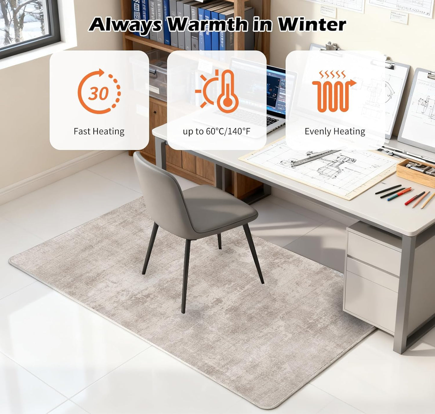 Electric Heated Carpet 35x55in Soft Plush Heating Rug 450W CX | Instant Warmth in 30s, 60 Heat Levels 12h Timer, Energy Efficient Safety Protection Ideal for Home Office Playroom 120V