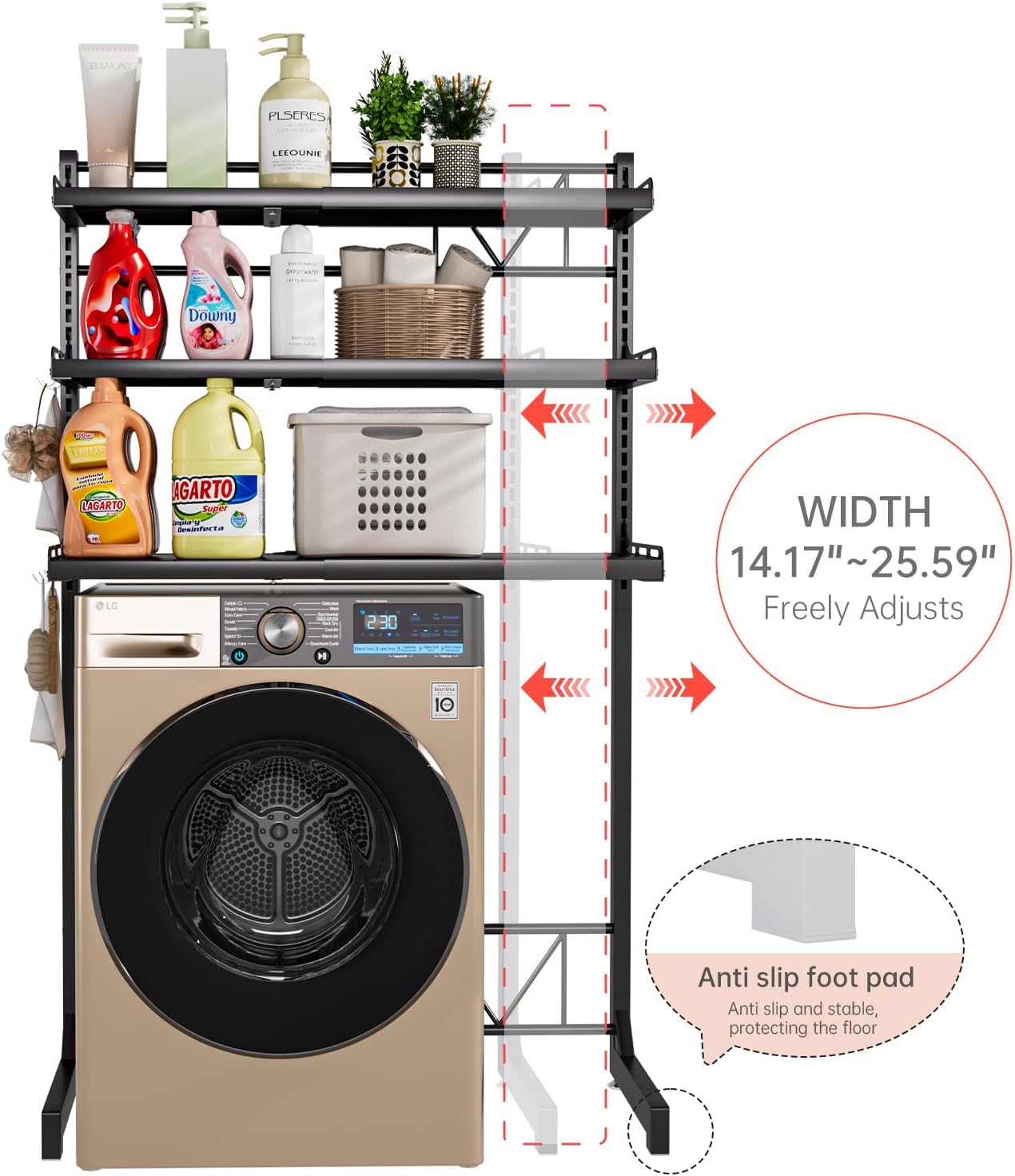 Carbon Steel Over Washer and Dryer Shelf, 2 Tier Bulkhead Laundry Room Storage and Organization Riser, Above Toilet Rack, (14.17“-25.59”) W*15.75 “D*63.39 ”H, Gray