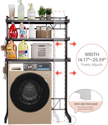 Carbon Steel Over Washer and Dryer Shelf, 2 Tier Bulkhead Laundry Room Storage and Organization Riser, Above Toilet Rack, (14.17“-25.59”) W*15.75 “D*63.39 ”H, Gray