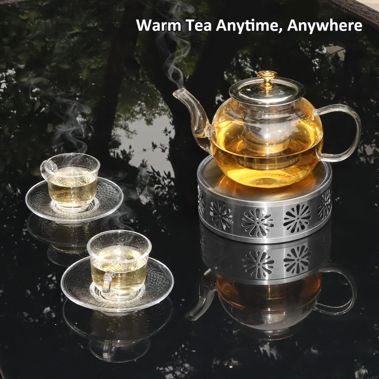 Tea Warmer Petals Silhouette, Silver Brushed Stainless Steel | Teapot Warmer Includes 1 Tealight Holder