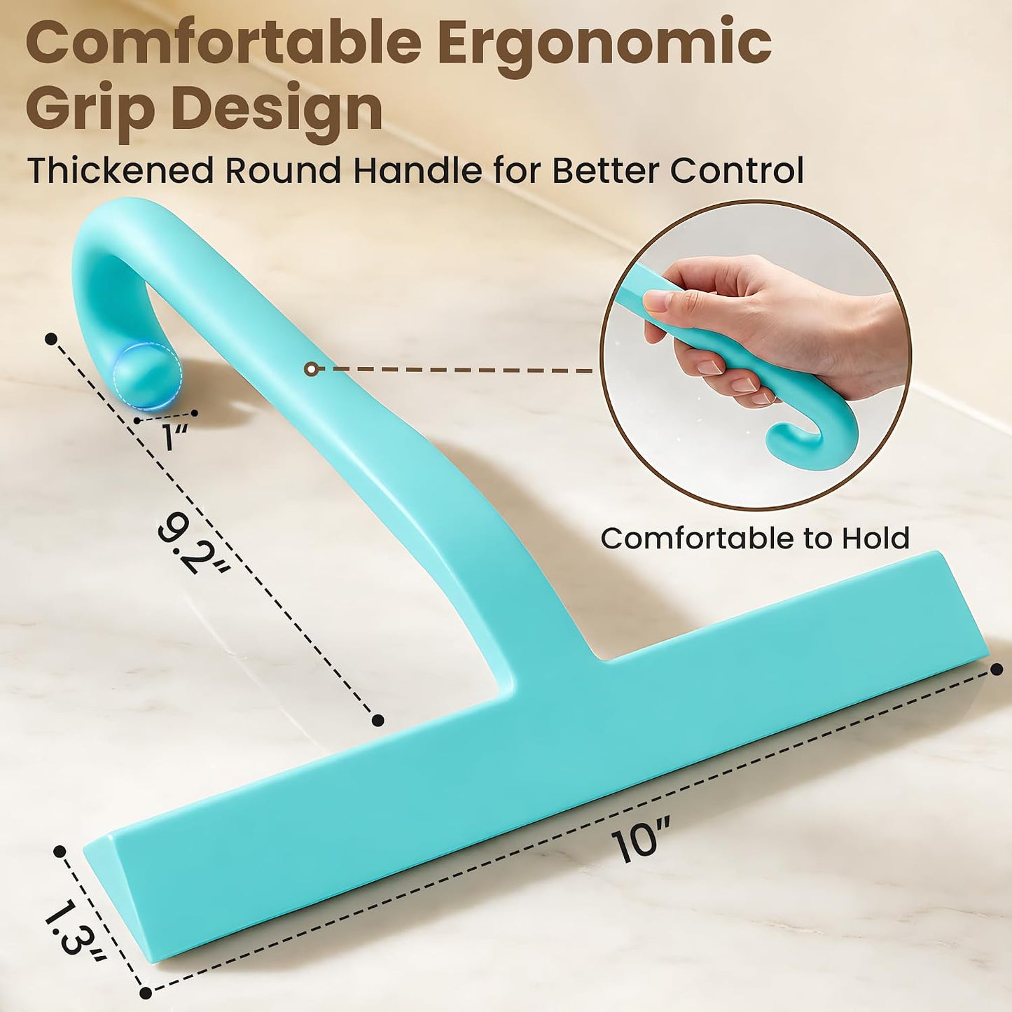 10 Inch Silicone Shower Squeegee for Glass Doors, Streak-Free, Black | No-Squeak Silicone Blade, Ergonomic Round Grip and Built-In Hook for Quick Daily Cleaning of Shower Glass, Tile and Windows