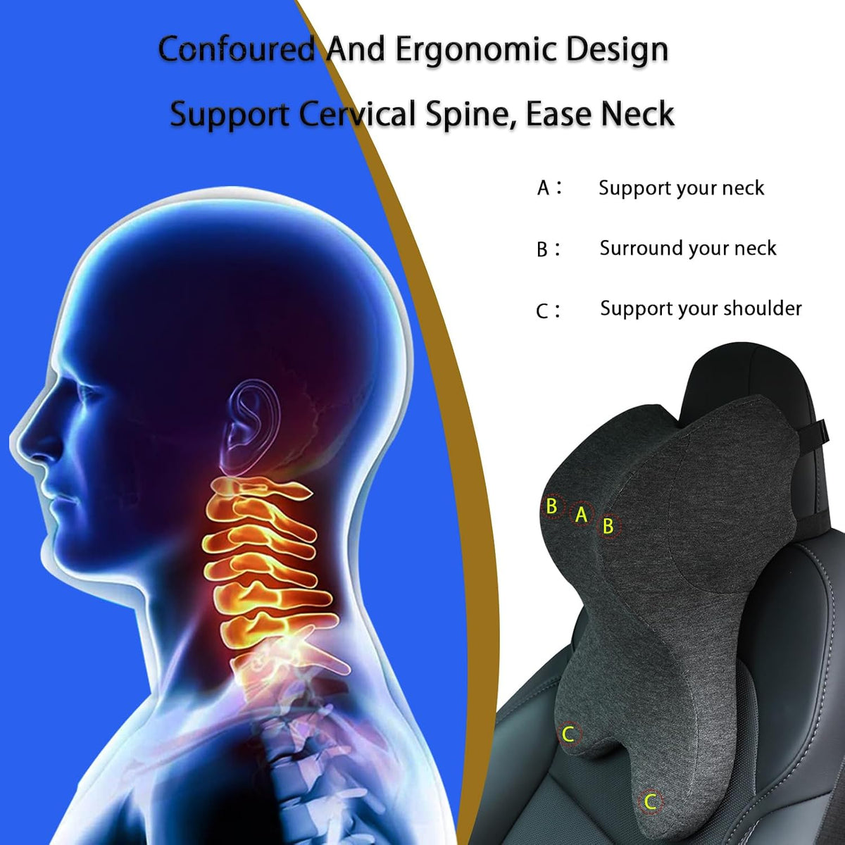 Car Neck Pillow for Driving Gaming Chair Headrest Pillow Office Chair Neck Pillow Ergonomic Design Double Straps Design Suitable for Different Heights