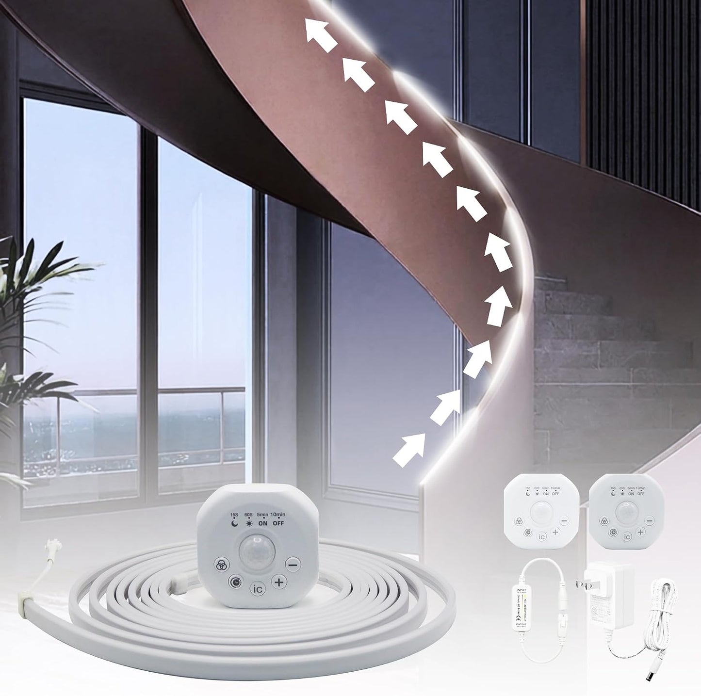 Motion Sensor LED Strip Lights - Chasing Effect Auto ON/Off for Stairs, Bedroom, Under Cabinet - 16.4ft White, Intelligent Motion Sensor Stair Lights