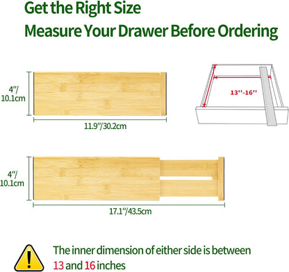VaeFae 6-Pack Adjustable Bamboo Drawer Dividers, Expandable Drawer Organizer for Kitchen Utensils, Clothes, Bathroom, Office – Fits Drawer Interiors 16.6" to 21.8"