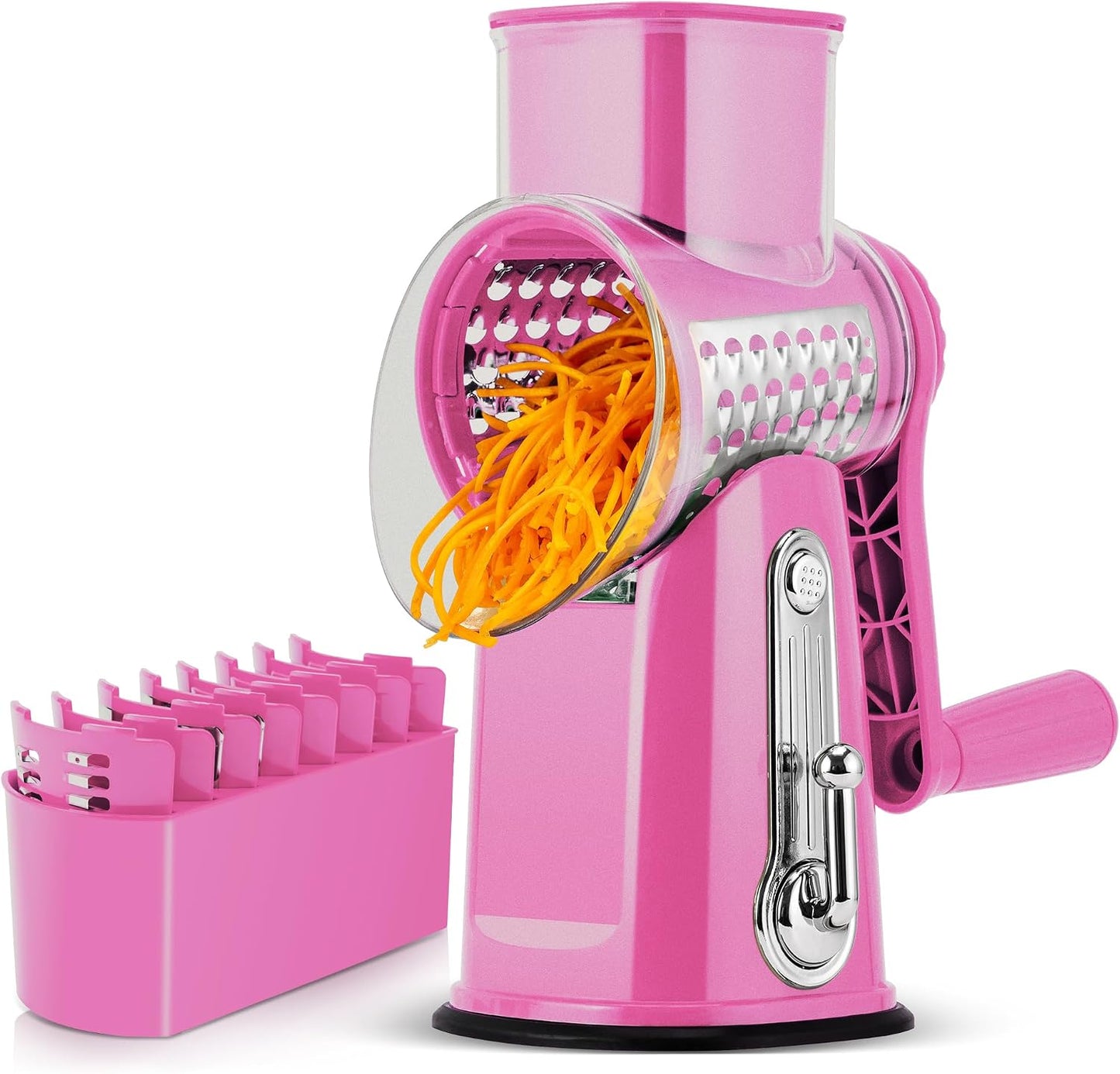 SUSTEAS Rotary Cheese Grater 5 Blades,Kitchen Mandoline Vegetable Slicer | White, Easy to Clean, Strong Suction Base, 5 Blades Storage Box, Round Mandoline Slicer & Food Chopper for Salad