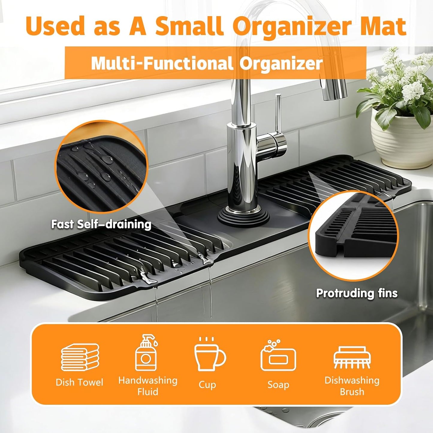 Silicone Faucet Mat for Kitchen Sink, 24" Splash Guard 7° Slope Fast Drain | Adjustable hole cutout for easy install, fits kitchen & bathroom sinks; food-grade silicone, easy to clean, keeps counter dry